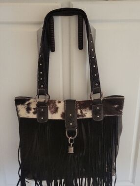 Fringed Leather Tote with Cowhide Accent - Black